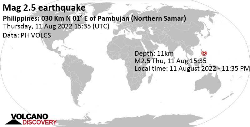 Séisme très faible mag. 2.5 - Philippine Sea, 31 km au nord de Laoang, Philippines, jeudi, 11 août 2022 23:35 (GMT +8)