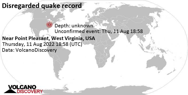 Неизвестное событие (первоначально сообщалось как землетрясение): 2.6 km к юго-западу от Point Pleasant, Мейсон County, Западная Виргиния, Соединенные Штаты, Четверг, 11 авг 2022 14:58 (GMT -4)
