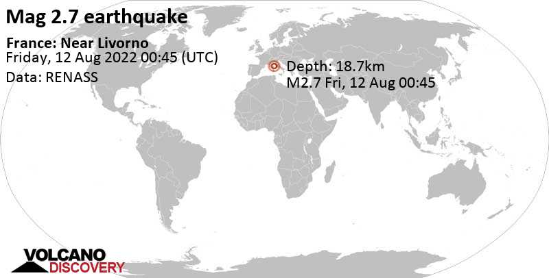 Weak mag. 2.7 earthquake - Tyrrhenian Sea, 38 km southeast of Bastia, Upper Corsica, Corse, France, on Friday, Aug 12, 2022 at 2:45 am (GMT +2)