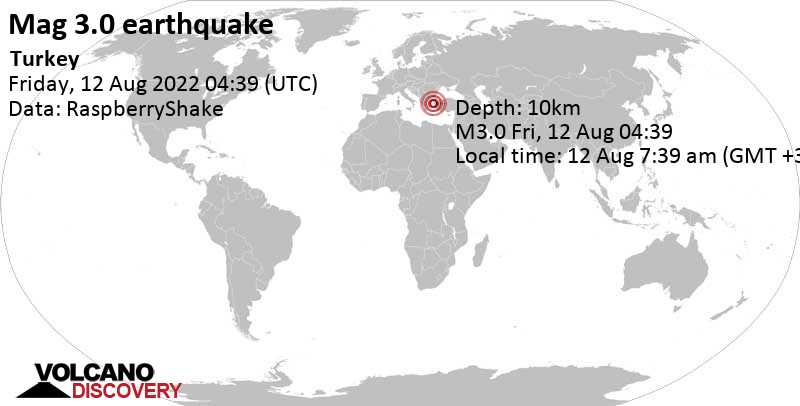Leichtes Erdbeben der Stärke 3.0 - Ägäisches Meer, Griechenland, 33 km südwestlich von Ayvacık, Türkei, am Freitag, 12. Aug 2022 um 07:39 Lokalzeit
