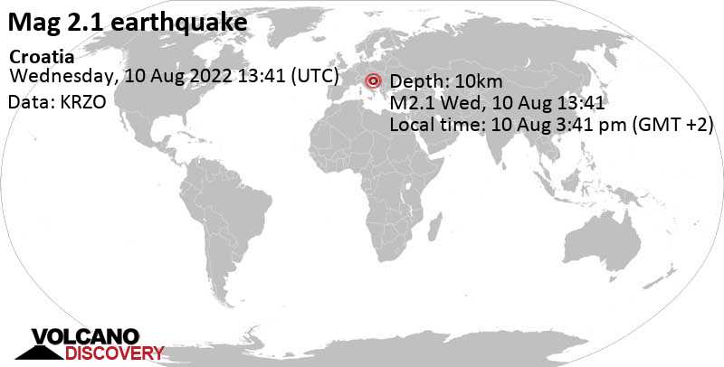 Weak mag. 2.1 earthquake - Sisak-Moslavina, Bosnia & Herzegovina, 77 km south of Zagreb, Croatia, on Wednesday, Aug 10, 2022 at 3:41 pm (GMT +2)