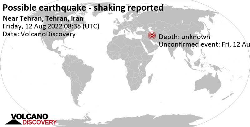 Séisme signalé ou événement semblable à un séisme: 8.2 km au nord-ouest de Téhéran, Tehran, Iran, vendredi, 12 août 2022 13:05 (GMT +4:30)