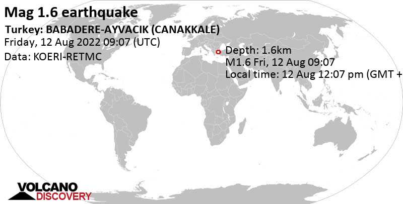 Minor mag. 1.6 earthquake - 26 km southwest of Ezine, Camikebir, Canakkale, Turkey, on Friday, Aug 12, 2022 at 12:07 pm (GMT +3)