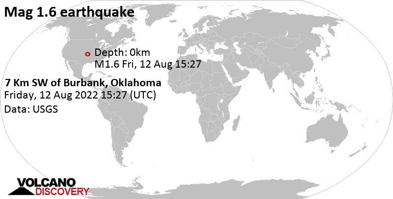 Μικρός σεισμός μεγέθους 1.6 - 7 Km SW of Burbank, Oklahoma, Παρασκευή, 12 Αυγ 2022 10:27 (GMT -5)
