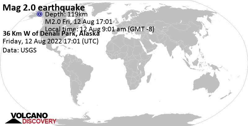 Minor mag. 2.0 earthquake - 36 Km W of Denali Park, Alaska, on Friday, Aug 12, 2022 at 9:01 am (GMT -8)