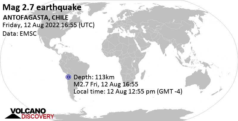 Minor mag. 2.7 earthquake - 44 km north of Calama, Provincia de El Loa, Antofagasta, Chile, on Friday, Aug 12, 2022 at 12:55 pm (GMT -4)