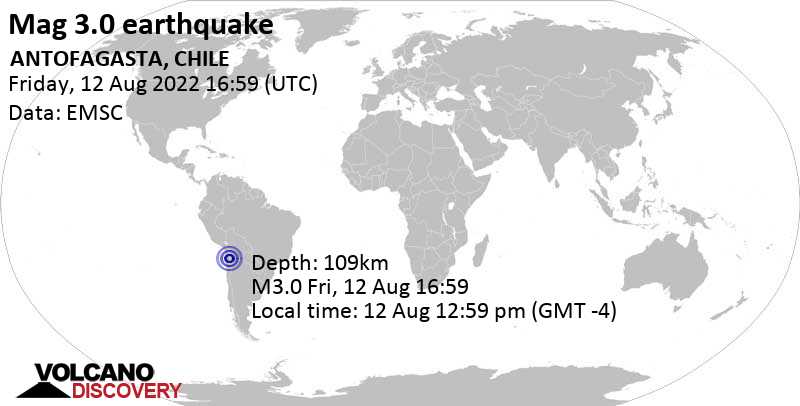 Minor mag. 3.0 earthquake - 30 km northeast of Calama, Provincia de El Loa, Antofagasta, Chile, on Friday, Aug 12, 2022 at 12:59 pm (GMT -4)