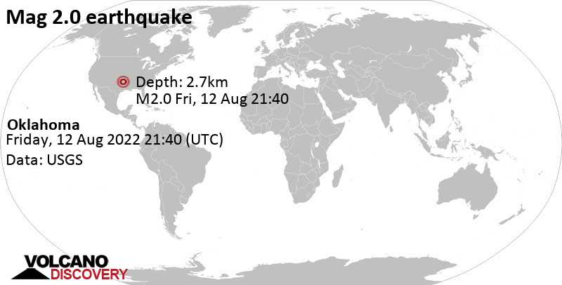 Αδύναμος σεισμός μεγέθους 2.0 - Oklahoma, Παρασκευή, 12 Αυγ 2022 16:40 (GMT -5)