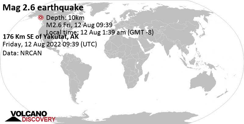 Schwaches Erdbeben Stärke 2.6 - 91 km westlich von Elfin Cove, Hoonah-Angoon, Alaska, USA, am Freitag, 12. Aug 2022 um 01:39 Lokalzeit