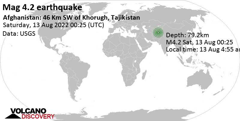 Light mag. 4.2 earthquake - 56 km east of Faizabad, Faīẕābād, Badakhshan, Afghanistan, on Saturday, Aug 13, 2022 at 4:55 am (GMT +4:30)