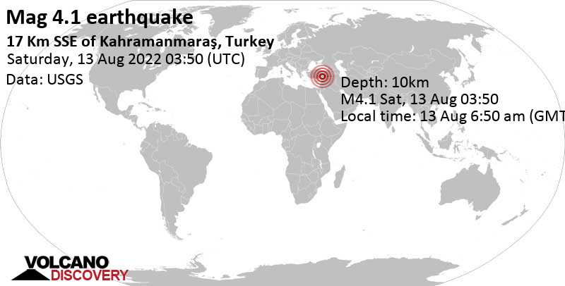Moderate mag. 4.1 earthquake - 18 km southeast of Kahramanmaraş, Turkey, on Saturday, Aug 13, 2022 at 6:50 am (GMT +3)