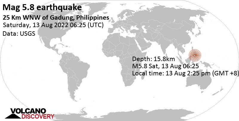 Сильное землетрясение магнитудой 5.8 - Целебесское море (Сулавеси), 57 km к юго-западу от Котабато, Филиппины, Суббота, 13 авг 2022 14:25 (GMT +8)
