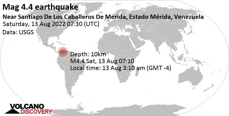 Terremoto moderado mag. 4.4 - 15 km E of El Vigia, Municipio Alberto Adriani, Mérida, Venezuela, sábado, 13 ago 2022 03:10 (GMT -4)