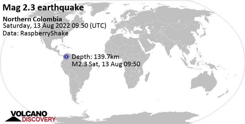 Minor mag. 2.3 earthquake - 23 km north of San Gil, Santander, Colombia, on Saturday, Aug 13, 2022 at 4:50 am (GMT -5)