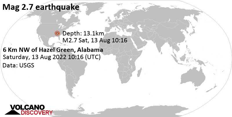 Weak mag. 2.7 earthquake - 17 mi north of Huntsville, Madison County, Alabama, USA, on Saturday, Aug 13, 2022 at 5:16 am (GMT -5)