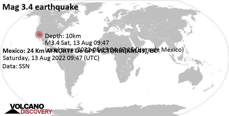 Light mag. 3.4 earthquake - 33 km southeast of Mexicali, Baja California, Mexico, on Saturday, Aug 13, 2022 at 2:47 am (GMT -7)