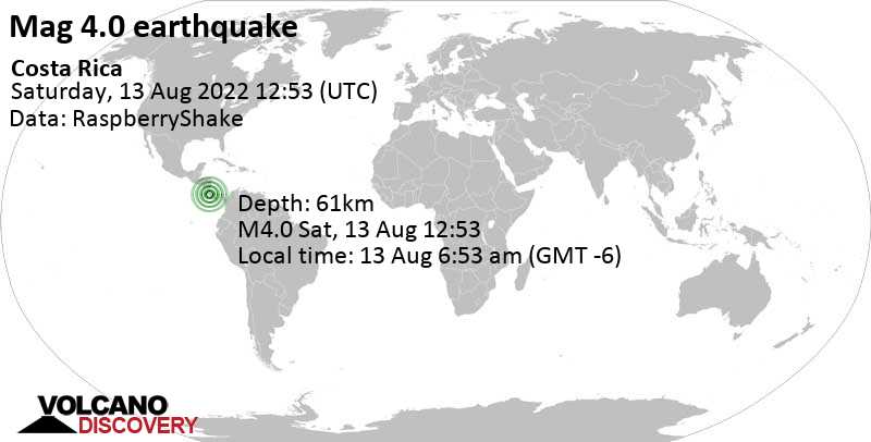 Leichtes Erdbeben der Stärke 4.0 - 41 km südlich von San Jose, San José, Costa Rica, am Samstag, 13. Aug 2022 um 06:53 Lokalzeit
