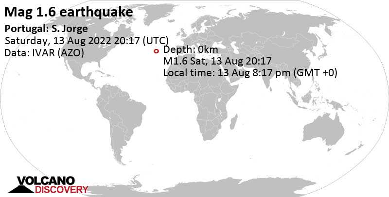 Séisme mineur mag. 1.6 - São Jorge, 5.5 km à l\'est de Velas, Azores, Portugal, samedi, 13 août 2022 20:17 (GMT +0)