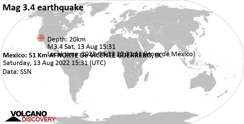 Light mag. 3.4 earthquake - 40 km southeast of San Vicente, Ensenada Municipality, Baja California, Mexico, on Saturday, Aug 13, 2022 at 8:31 am (GMT -7)