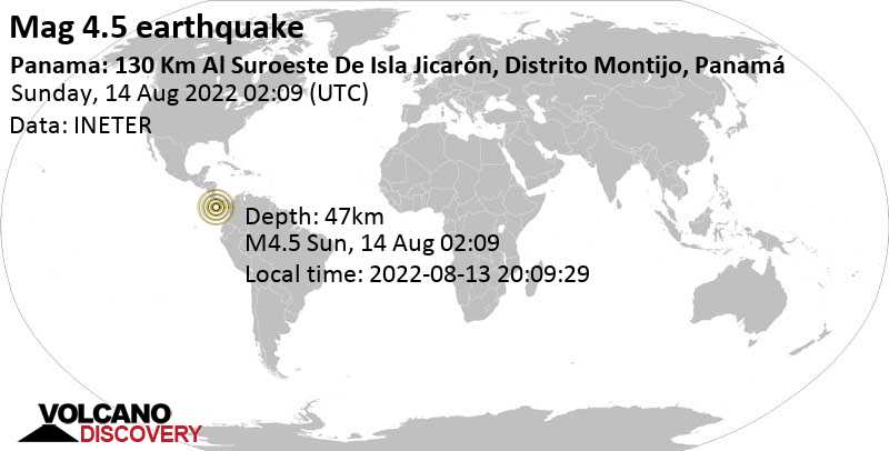 Light mag. 4.5 earthquake - North Pacific Ocean, 210 km south of David, Provincia de Chiriqui, Panama, on Saturday, Aug 13, 2022 at 8:09 pm (GMT -6)