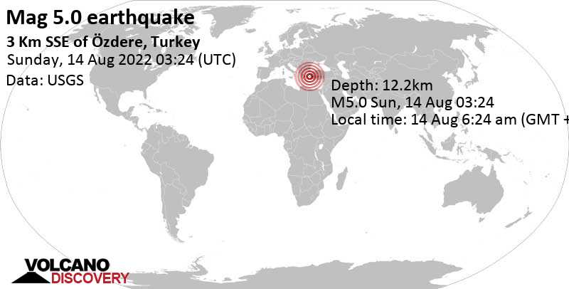 Strong mag. 5.0 earthquake - Aegean Sea, 17 km northwest of Kusadasi, Aydın, Turkey, on Sunday, Aug 14, 2022 at 6:24 am (GMT +3)