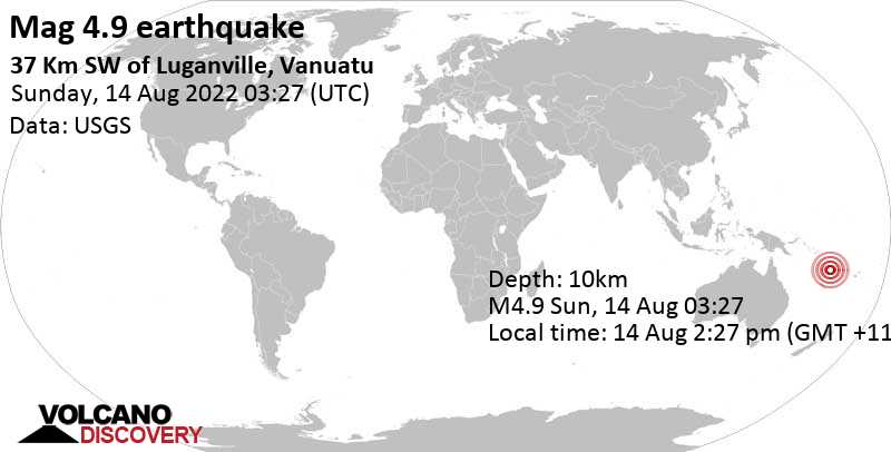 Terremoto moderato mag. 4.9 - Coral Sea, 38 km a sud ovest da Santo, Luganville, Sanma Province, Vanuatu, domenica, 14 ago 2022 14:27 (GMT +11)