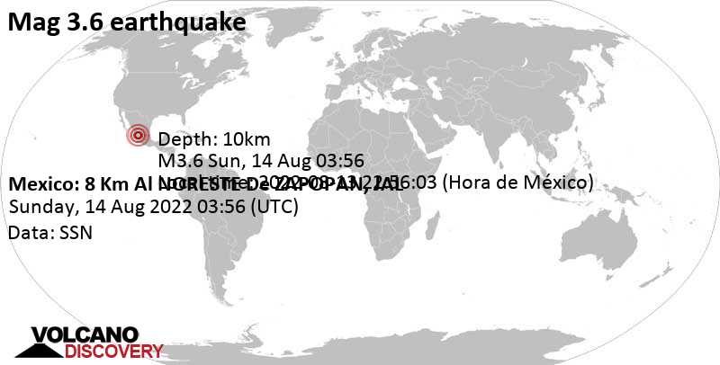 Light mag. 3.6 earthquake - 14 km north of Guadalajara, Jalisco, Mexico, on Saturday, Aug 13, 2022 at 10:56 pm (GMT -5)