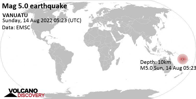 Terremoto forte mag. 5.0 - Coral Sea, 26 km a sud da Santo, Luganville, Sanma Province, Vanuatu, domenica, 14 ago 2022 16:23 (GMT +11)