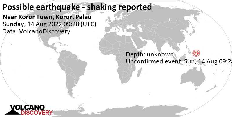 Sismo o evento simile a un terremoto segnalato: 1.5 km a sud ovest da Koror Town, Palau, domenica, 14 ago 2022 18:28 (GMT +9)