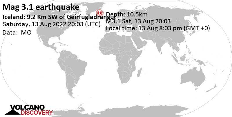 Light mag. 3.1 earthquake - Iceland: 9.2 Km SW of Geirfugladrangur on Saturday, Aug 13, 2022 at 8:03 pm (GMT +0)