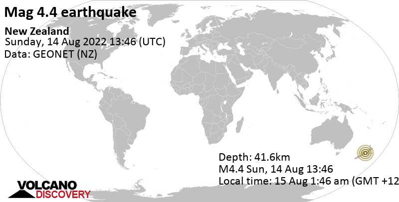 Leichtes Erdbeben der Stärke 4.4 - 20 km südwestlich von Blenheim, Marlborough District, Neuseeland, am Montag, 15. Aug 2022 um 01:46 Lokalzeit