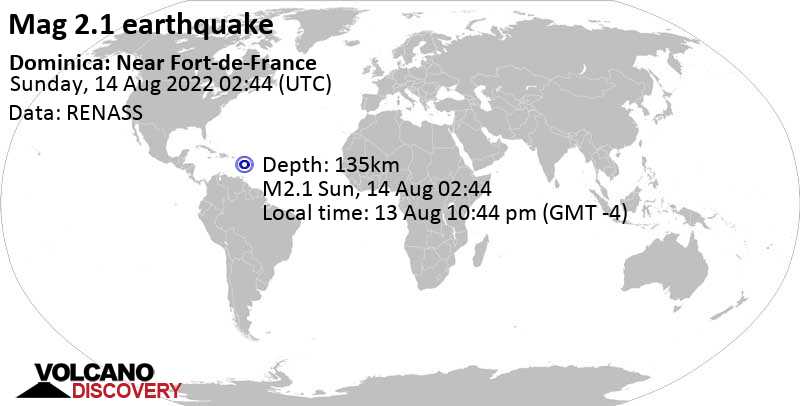Minor mag. 2.1 earthquake - Caribbean Sea, 47 km east of Roseau, Saint George, Dominica, on Saturday, Aug 13, 2022 at 10:44 pm (GMT -4)