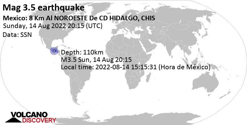 Minor mag. 3.5 earthquake - 21 km south of Tapachula de Cordova y Ordoñez, Chiapas, Mexico, on Sunday, Aug 14, 2022 at 3:15 pm (GMT -5)