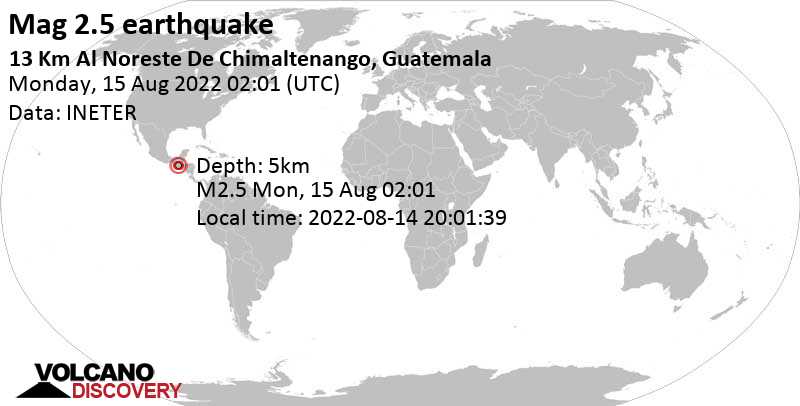 Schwaches Erdbeben Stärke 2.5 - 8.2 km westlich von San Juan Sacatepéquez, Departamento de Guatemala, am Sonntag, 14. Aug 2022 um 20:01 Lokalzeit
