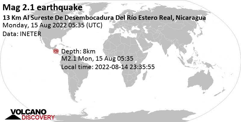 Weak mag. 2.1 earthquake - 33 km northwest of Chinandega, Nicaragua, on Sunday, Aug 14, 2022 at 11:35 pm (GMT -6)