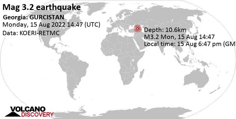 Leichtes Erdbeben der Stärke 3.2 - Gurien, 25 km südlich von Samtredia, Imeretien, Georgien, am Montag, 15. Aug 2022 um 18:47 Lokalzeit