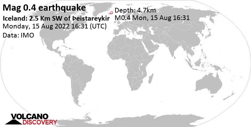 Minor mag. 0.4 earthquake - Iceland: 2.5 Km SW of Þeistareykir on Monday, Aug 15, 2022 at 4:31 pm (GMT +0)