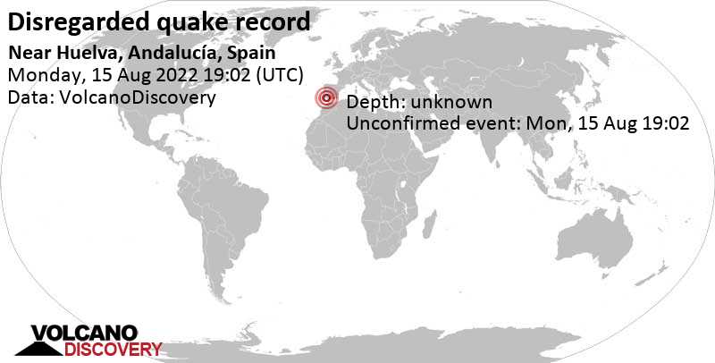 Evento desconocido (originalmente reportado como sismo): 1.2 km al sureste de Huelva, Andalucía, España, lunes, 15 ago 2022 21:02 (GMT +2)