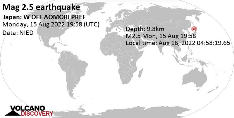 Weak mag. 2.5 earthquake - Japan Sea, 119 km northwest of Noshiro, Akita, Japan, on Tuesday, Aug 16, 2022 at 4:58 am (GMT +9)