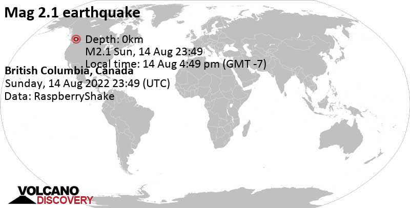 Weak mag. 2.1 earthquake - 17 km west of Logan Lake, Thompson-Nicola Regional District, British Columbia, Canada, on Sunday, Aug 14, 2022 at 4:49 pm (GMT -7)
