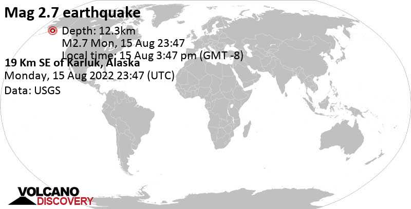 Weak mag. 2.7 earthquake - 13 mi southwest of Larsen Bay, Kodiak Island Borough, Alaska, USA, on Monday, Aug 15, 2022 at 3:47 pm (GMT -8)