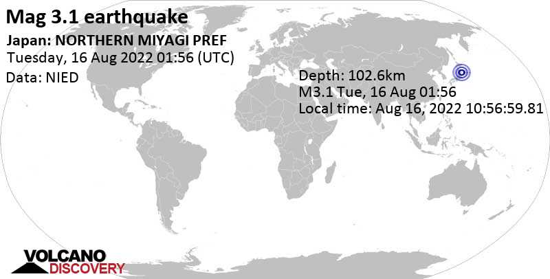 Minor mag. 3.1 earthquake - Honshu-miyagi-ken, 36 km southeast of Ichinoseki, Iwate, Japan, on Tuesday, Aug 16, 2022 at 10:56 am (GMT +9)