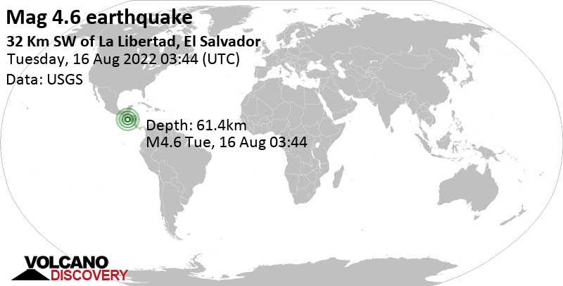 Leichtes Erdbeben der Stärke 4.6 - Nordpazifik, 59 km südwestlich von San Salvador, El Salvador, am Montag, 15. Aug 2022 um 21:44 Lokalzeit