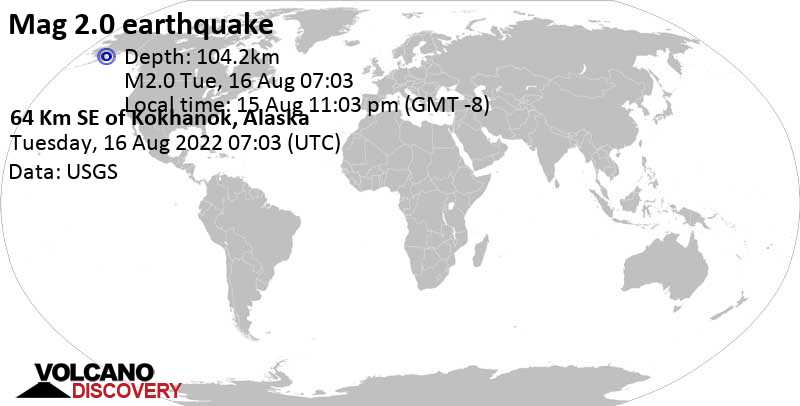 Sehr schwaches Beben Stärke 2.0 - 64 Km SE of Kokhanok, Alaska, am Montag, 15. Aug 2022 um 23:03 Lokalzeit