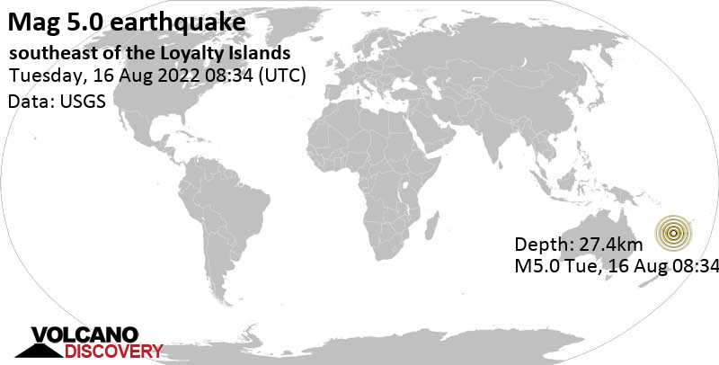 Moderates Erdbeben der Stärke 5.0 - South Pacific Ocean, Neukaledonien, am Dienstag, 16. Aug 2022 um 19:34 Lokalzeit