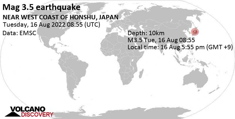Séisme faible mag. 3.5 - Ishikawa, 89 km au nord de Toyama, Japon, mardi, 16 août 2022 17:55 (GMT +9)