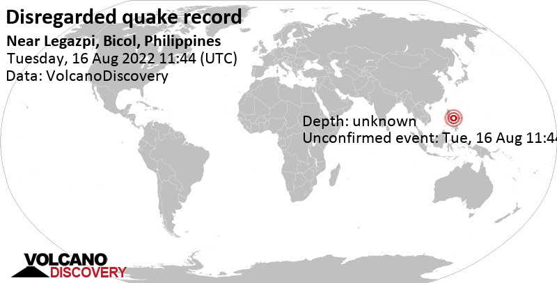 Événement inconnu (à l\'origine signalé comme tremblement de terre): 1.4 km à l\'est de Legazpi, Province of Albay, Bicol, Philippines, mardi, 16 août 2022 19:44 (GMT +8)