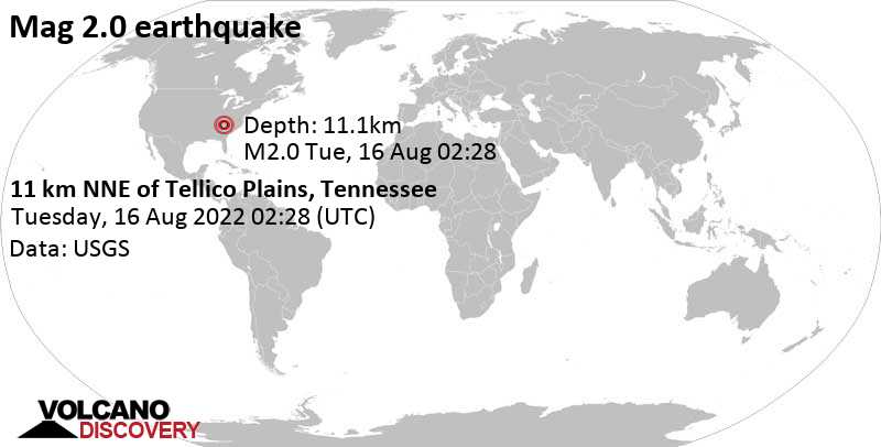 Μικρός σεισμός μεγέθους 2.0 - 11 Km NNE of Tellico Plains, Tennessee, Δευτέρα, 15 Αυγ 2022 22:28 (GMT -4)