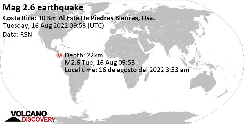 Schwaches Erdbeben Stärke 2.6 - 19 km nördlich von Golfito, Provincia de Puntarenas, Costa Rica, am Dienstag, 16. Aug 2022 um 03:53 Lokalzeit
