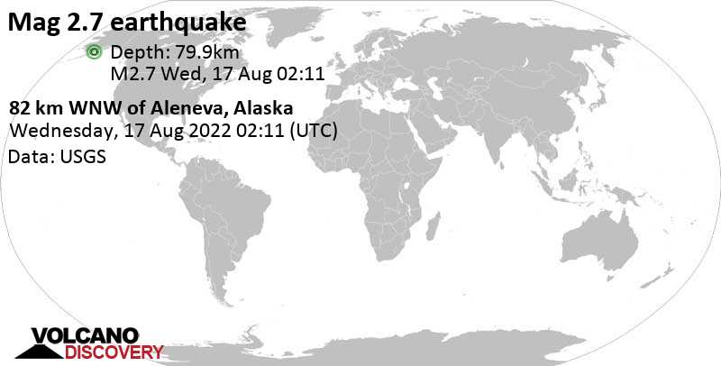 Minor mag. 2.3 earthquake - 82 Km WNW of Aleneva, Alaska, on Tuesday, Aug 16, 2022 at 6:11 pm (GMT -8)